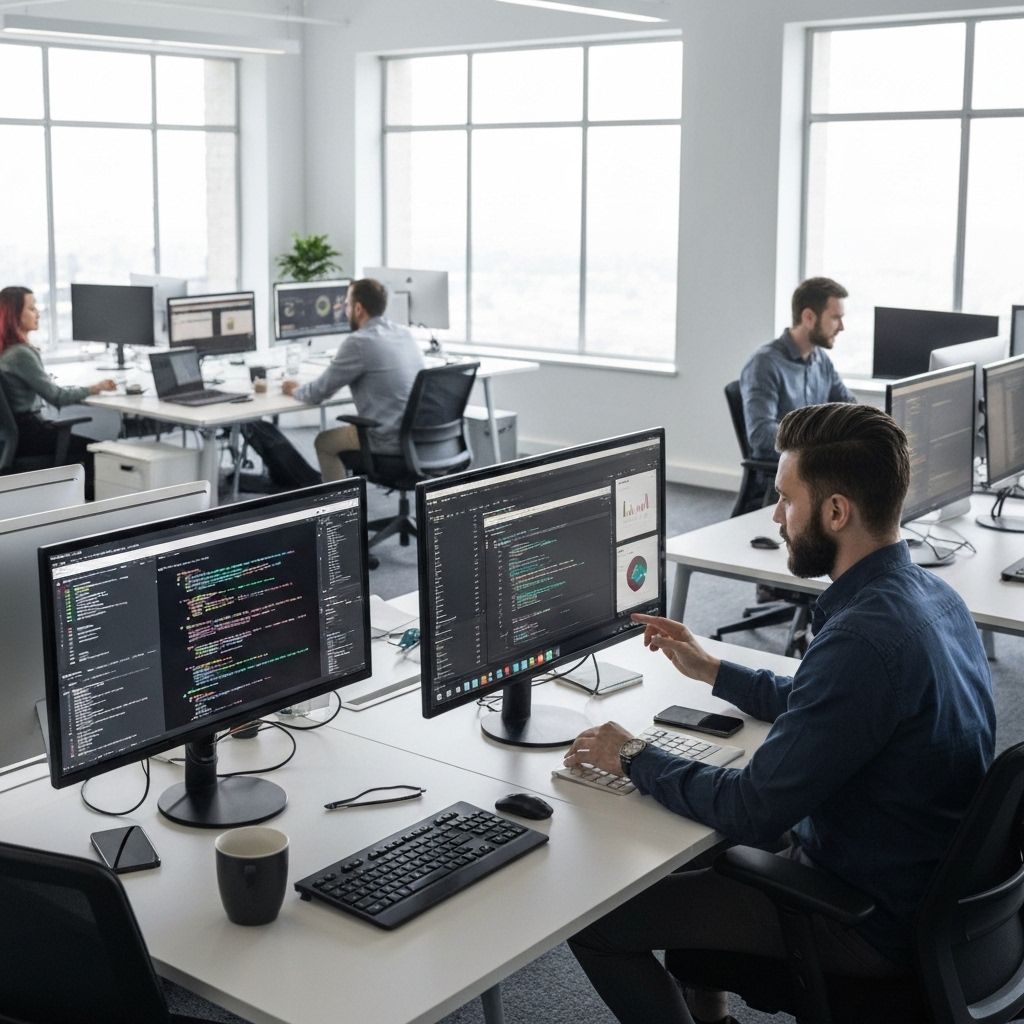 Professional software development team collaborating in modern workspace - DeltaBits